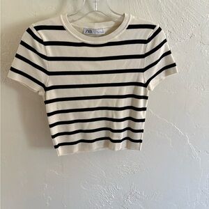 Zara Cream & Black Striped Short Sleeve Tee